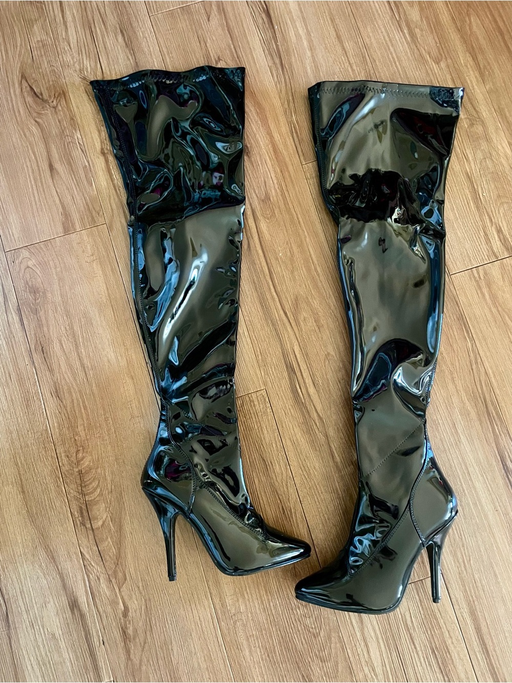 Pleaser Black Patent Thigh-High Stiletto Boots